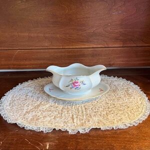 Classic White Porcelain Gravy Boat with Pink Rose Motif
